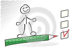 Stick man survey check box. Choice concept. Vector questionaire illustration