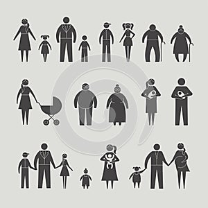 Stick people. Family couples silhouettes mother father kids different ages recent vector stylized pictures