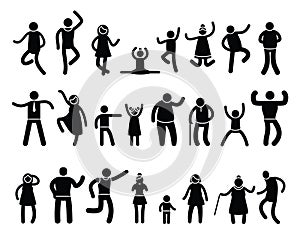 Stick people poses. Black silhouettes of stickman characters in different action and posture, yoga and simple postures. Vector