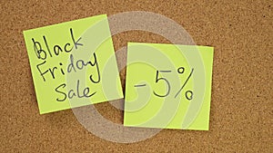 Stick the sticker black friday sale on the cork board. Top view of note board. Wall of records in the office. Leave a