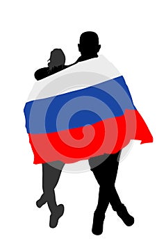 Stick together hugged woman and man covered with national flag of Russia vector silhouette isolated.