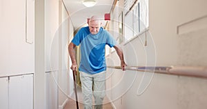 Stick, walking and old man with a disability in recover or rehabilitation in a clinic for mobility. Healthcare, medical