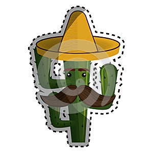 Sticker animated cartoon cactus with mexican hat and moustache photo