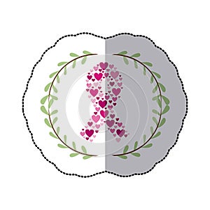 Sticker arch of leaves with ribbon pink symbol of breast cancer with hearts