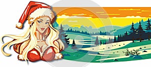 Sticker with a beautiful young woman in a Santa Claus hat. PNG format available.