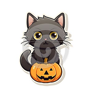 Sticker black cat holding jack-o-lantern pumpkin, Halloween image on a bright isolated background