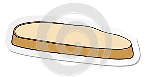 Sticker of brown piece of baked bread in flat cartoon style isolated on white background