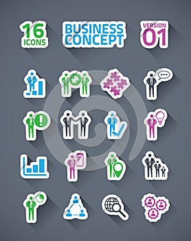 Sticker business icon set with long shadows