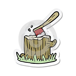 sticker of a cartoon axe in tree stump
