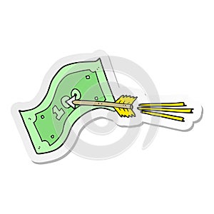 sticker of a cartoon flying arrow hitting money note