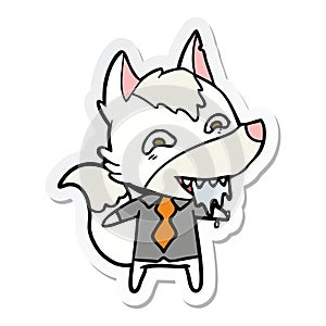 sticker of a cartoon hungry wolf in office clothes