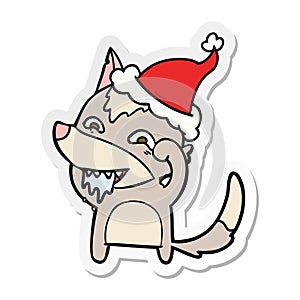 sticker cartoon of a hungry wolf wearing santa hat