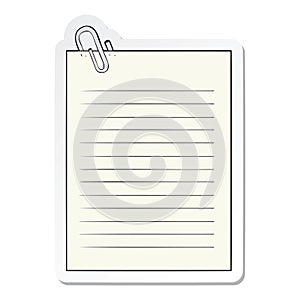 sticker of a cartoon lined paper with paperclip