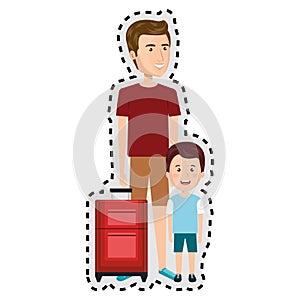 Sticker cartoon man in sweatpants with travel briefcase and boy