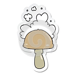 sticker of a cartoon mushroom with spore cloud