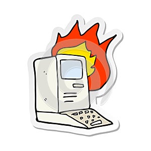 sticker of a cartoon old computer on fire