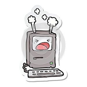 sticker of a cartoon overheating computer