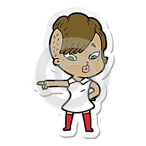 sticker of a cartoon surprised girl pointing