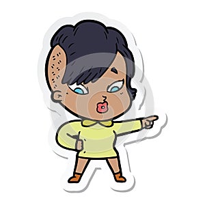 sticker of a cartoon surprised girl pointing