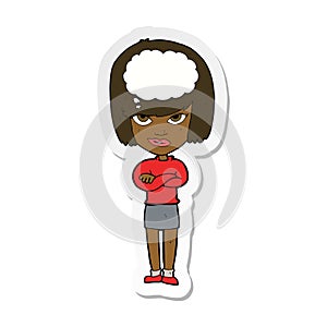 sticker of a cartoon woman with folded arms imagining