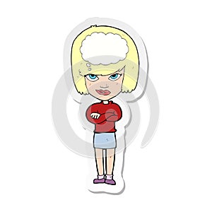 sticker of a cartoon woman with folded arms imagining