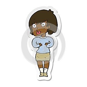 sticker of a cartoon woman making Who Me gesture