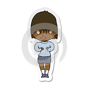 sticker of a cartoon woman making Who Me gesture