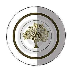 Sticker circular with tree with ramifications and leaf