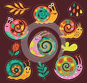 Sticker collection with decorative snails, leaves and drops. Vector illustration