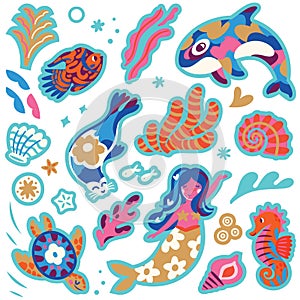 Sticker collection of wonderful whimsical ocean creatures. Vector illustration