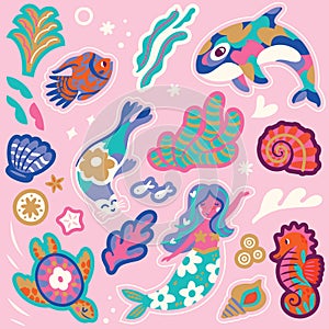 Sticker collection of wonderful whimsical ocean creatures. Yogurt palette. Vector illustration