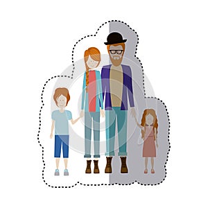 sticker color silhouette family with redhead and dad with beard and glasses and hat