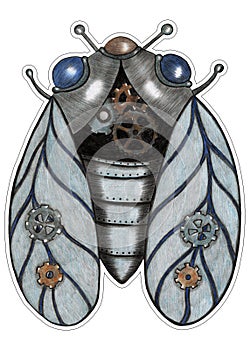 Sticker of Colorful Steampunk Cicada Isolated on White Background. Steampunk Cicada Sticker Drawn by Colored Pencils.