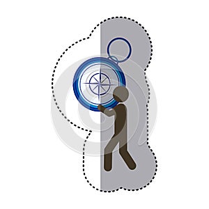 sticker colorful worker holding up compass of hand