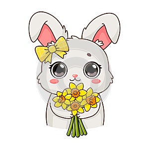 Sticker with cute rabbit holding bouquet of narcissus. Smiling adorable character in cartoon style. Summer, spring