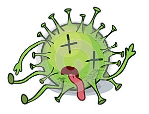 Sticker with a dead green coronavirus