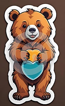 A sticker design of a very cute brown bear puppy holding two hearts