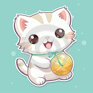 Sticker with die-cut in the form of a kitty playing with a ball of string, kawaii color background