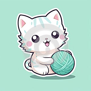 Sticker with die-cut in the form of a kitty playing with a ball of string, kawaii color background