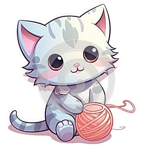 Sticker with die-cut in the form of a kitty playing with a ball of string, kawaii color background