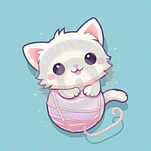 Sticker with die-cut in the form of a kitty playing with a ball of string, kawaii color background