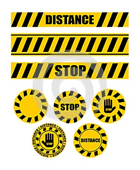 Sticker distance with virus. Keep your distance in line. Stickers for shops and public places. Coronavirus isolation mode.