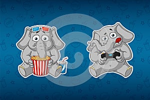 Sticker elephant. He watches a movie and plays in the console. 3D glasses. Gamepad. Big set of stickers