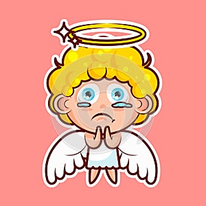 Sticker emoji emoticon, emotion beg, ask, pray, tears in eyes, vector illustration character sweet divine entity