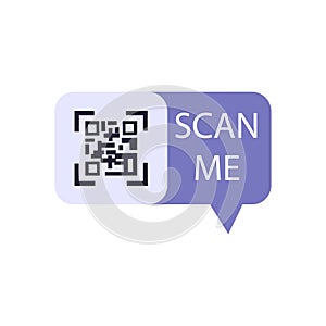 Sticker in form of message with QR code sign and scan me text flat style