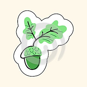 Sticker Of Green Acorn On A Beige Background, Sketch for printing on childrens products,