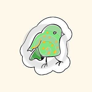 Sticker Green Bird On A Beige Background. Groove Style. Sketch for printing on childrens products