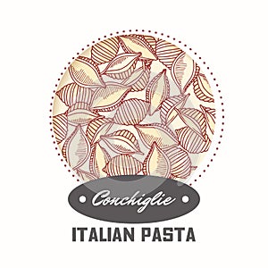 Sticker with hand drawn pasta conchiglie isolated on white. Template for food package design