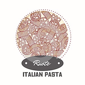 Sticker with hand drawn pasta rotelle or ruote isolated on white. Template for food package design