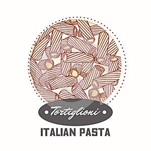 Sticker with hand drawn pasta tortiglioni, tortellini isolated on white. Template for food package design
